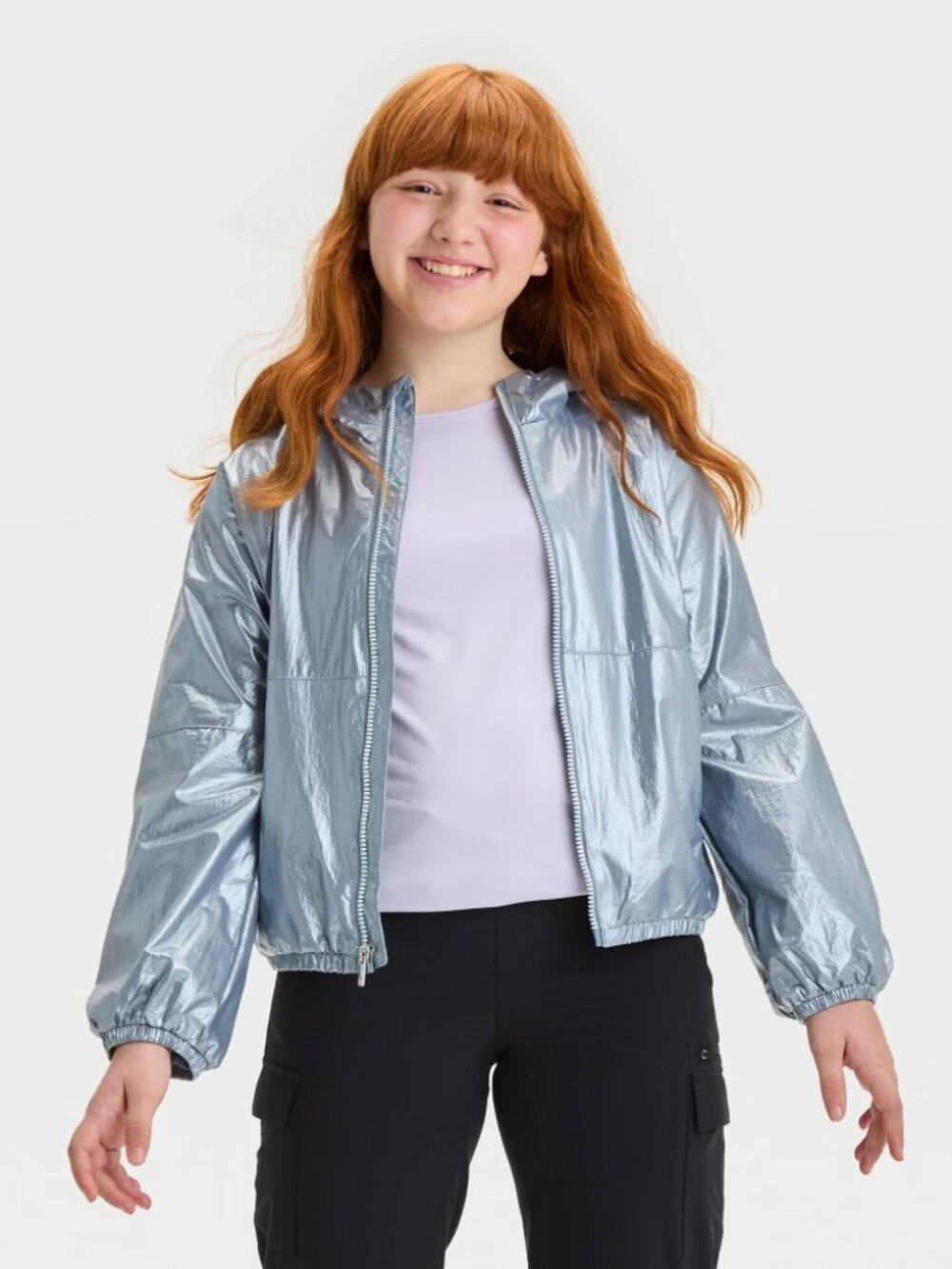 NEW Girls' Solid Shine Windbreaker Jacket - All In Motion™ Black Med (8)